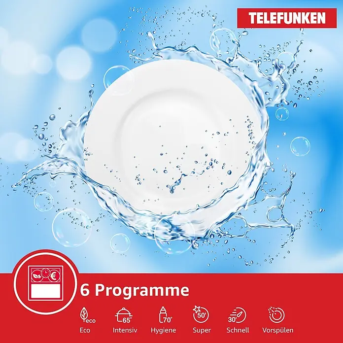 Telefunken Einbaugeschirrspüler GET6012DI - Anzahl Maßgedecke: 12 Stk., Teilintegriert - Ein sauberer weißer Teller umgeben von einem dynamischen Wasserspritzer und Blasen, zeigt Telefunkens Geschirrspüler mit 6 Programmen.
