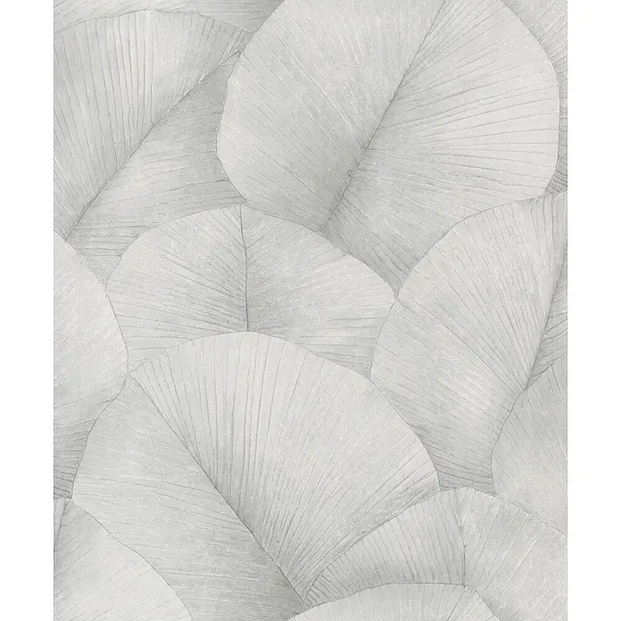 Marburg Kumano Vliestapete Floral - Hellgrau, Floral, 10,05 x 0,53 m - Dezentes, organisches Muster aus hellgrauen, texturierten, überlappenden fächerförmigen Blättern.