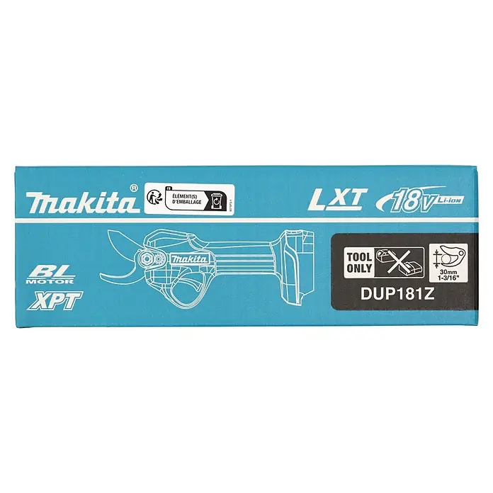 Makita LXT 18V Akku-Astschere DUP181Z - 18 V, Ohne Akku, Max. Aststärke: 30 mm - Hellblaue Makita DUP181Z 18V LXT Akku-Astschere Verpackung mit Werkzeugumriss, 30mm Schnittkapazität und „NUR GERÄT“.