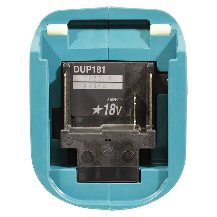 Makita LXT 18V Akku-Astschere DUP181Z - 18 V, Ohne Akku, Max. Aststärke: 30 mm - Türkiser 18V Akku-Adapter mit schwarzem Stecker, sichtbaren Metallkontakten und cremefarbenen Entriegelungsstiften. Modell DUP181.