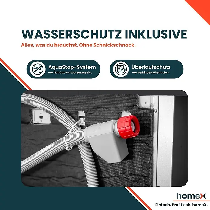 homeX Einbaugeschirrspüler DWSI601444C - Anzahl Maßgedecke: 14 Stk., Teilintegriert - Wasserschutzsystem mit weißem Wellschlauch, grauer Steuerung und rotem Anschluss. Bietet AquaStop- und Überlaufschutz für Geräte.