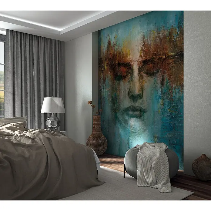 Marburg Ritus Fototapete Grafik I - B x H: 212 x 270 cm, Vlies - Taupefarbene Leinen-Bettwäsche und Kissen auf einem Bett im modernen Schlafzimmer.