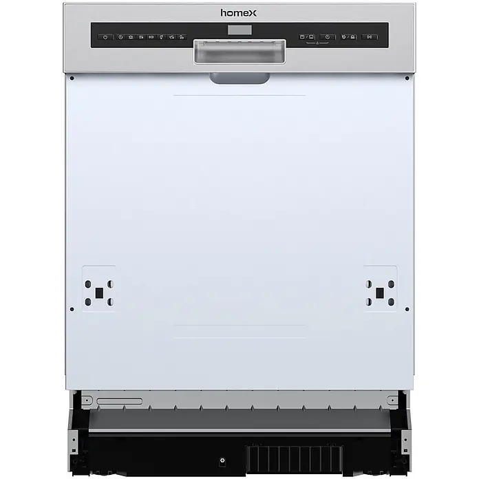 homeX Einbaugeschirrspüler DWSI601444C - Anzahl Maßgedecke: 14 Stk., Teilintegriert - Halbintegrierter Geschirrspüler mit Edelstahl-Bedienfeld, Digitalanzeige und weißer Türfront mit Griffmulde.