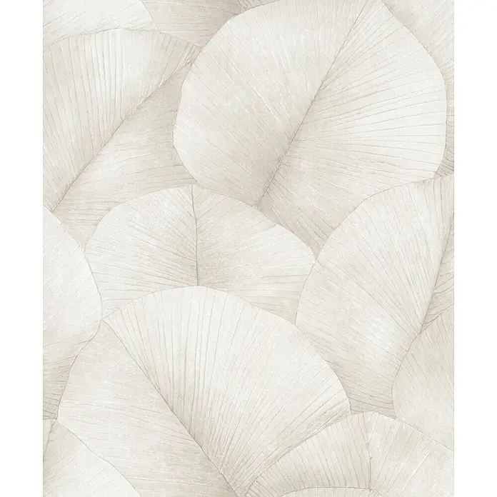 Marburg Kumano Vliestapete Floral - Beige, Floral, 10,05 x 0,53 m - Helle beigefarbene Tapete mit überlappenden texturierten Blättern und sichtbaren Adern.