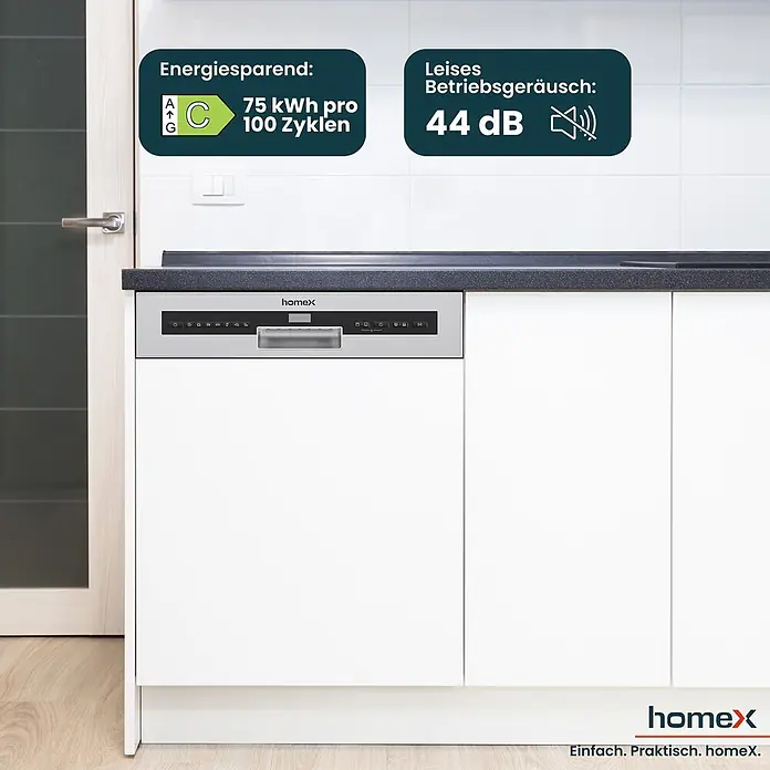 homeX Einbaugeschirrspüler DWSI601444C - Anzahl Maßgedecke: 14 Stk., Teilintegriert - homex Edelstahl-Geschirrspüler in einer Küche, Energieeffizienz C (75 kWh/100 Zyklen), 44 dB Betriebsgeräusch.