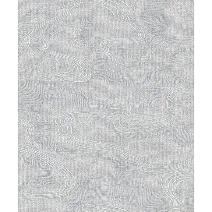Marburg Kumano Vliestapete Grafik I - Grau, Grafisch, 10,05 x 0,53 m - Hellgraues strukturiertes Muster mit abstrakten, fließenden Wellenlinien.