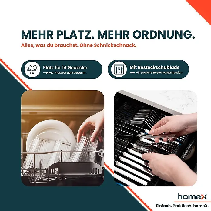 homeX Einbaugeschirrspüler DWSI601444C - Anzahl Maßgedecke: 14 Stk., Teilintegriert - Geschirrspüler mit geräumigen Körben für 14 Gedecke und einer praktischen Besteckschublade zur Organisation.