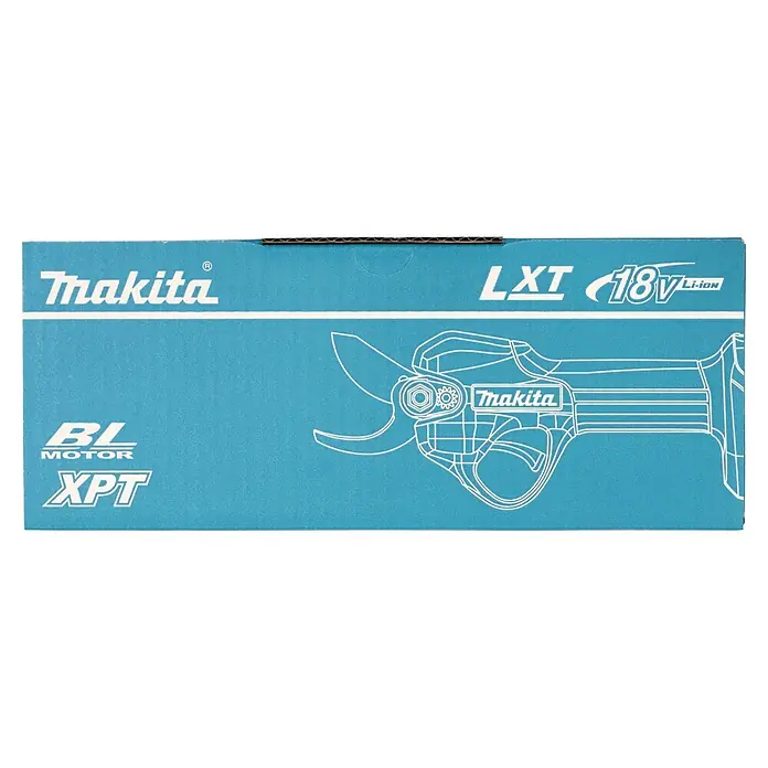 Makita LXT 18V Akku-Astschere DUP181Z - 18 V, Ohne Akku, Max. Aststärke: 30 mm - Hellblauer Makita-Karton mit weißem Text: LXT, 18V Li-ion, BL Motor, XPT und Umriss einer elektrischen Gartenschere.