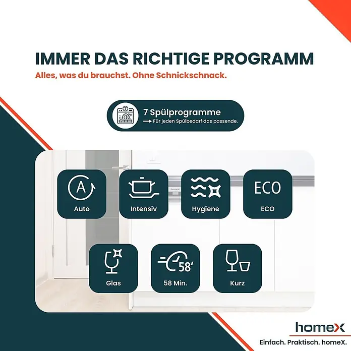 homeX Einbaugeschirrspüler DWSI601444C - Anzahl Maßgedecke: 14 Stk., Teilintegriert - Übersicht der 7 Spülprogramme eines Geschirrspülers: Auto, Intensiv, Hygiene, ECO, Glas, 58 Min., Kurz. Für jeden Spülbedarf das passende.