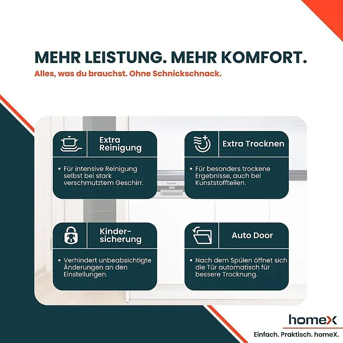 homeX Einbaugeschirrspüler DWSI601444C - Anzahl Maßgedecke: 14 Stk., Teilintegriert - Spülmaschine mit vier Hauptfunktionen: intensive Reinigung, extra Trocknung, Kindersicherung und automatische Türöffnung.