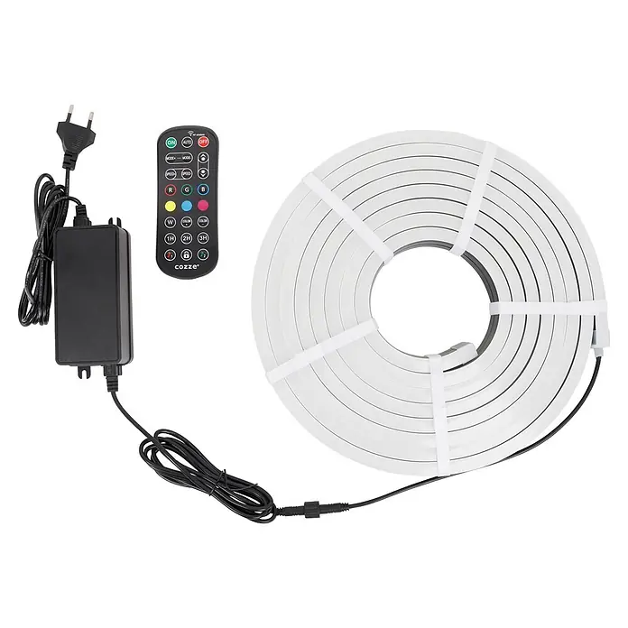 Cozze Elements LED-Lichtschlauch - Länge: 500 cm, Passend für: Cozze Elements Lichtschlauch Halterung - Weißes, aufgerolltes RGB-LED-Band mit schwarzem Netzteil und Multifunktions-Fernbedienung.