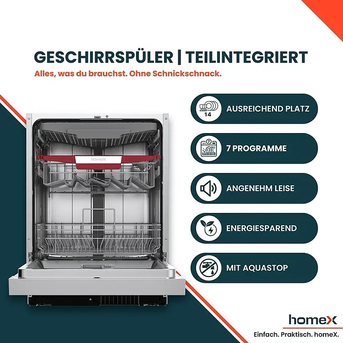 homeX Einbaugeschirrspüler DWSI601444C - Anzahl Maßgedecke: 14 Stk., Teilintegriert - Teilintegrierter Geschirrspüler in Silber, Tür offen mit Metallkörben und rotem Griff innen.