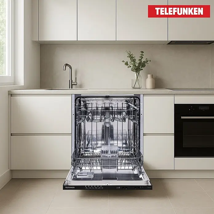 Telefunken Einbaugeschirrspüler GEV6012D - Anzahl Maßgedecke: 12 Stk., Vollintegriert - Integrierter TELEFUNKEN Geschirrspüler, geöffnet mit Blick auf den Edelstahl-Innenraum und die Körbe in einer modernen Küche.
