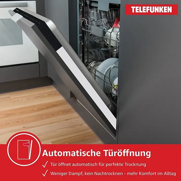 Telefunken Einbaugeschirrspüler GEV6012D - Anzahl Maßgedecke: 12 Stk., Vollintegriert - Telefunken dunkelgrauer Geschirrspüler mit geöffneter Tür, Geschirr sichtbar, für automatische Türöffnung zur perfekten Trocknung.