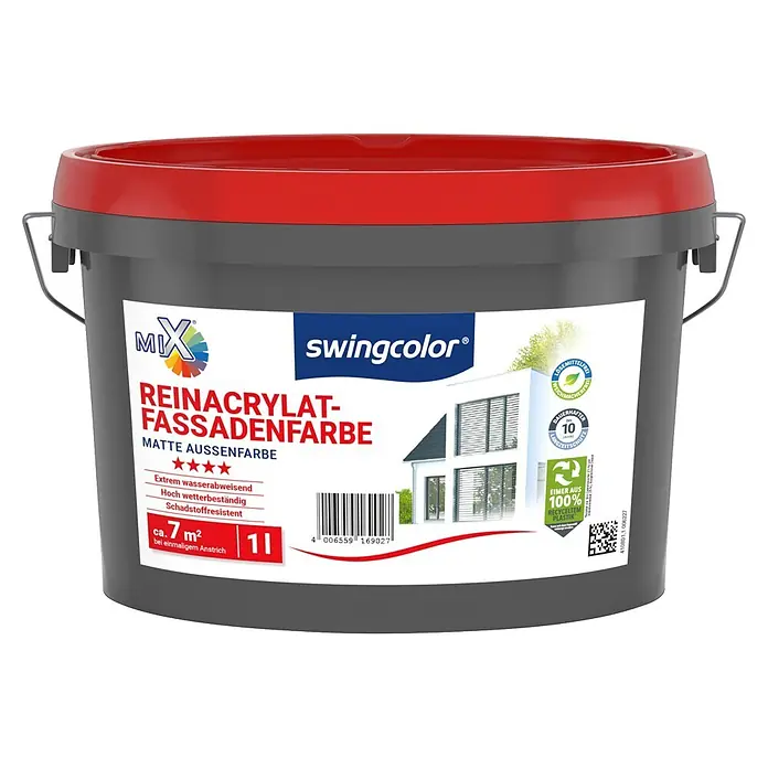 swingcolor Mix Reinacrylat-Fassadenfarbe zum Mischen lassen - Basismischfarbe 1, 1 l - Grauer swingcolor Farbeimer mit rotem Deckel, enthält 1 Liter matte Reinacrylat-Fassadenfarbe, aus 100% recyceltem Plastik.