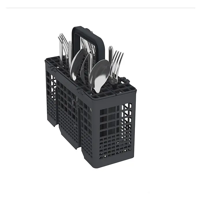 Beko Lavavajillas libre instalación DVS05024W - Ancho: 44,8 cm, Número de cubiertos: 10 ud., Consumo de agua por uso: 11,9 l - Cesto de cubiertos de plástico gris oscuro para lavavajillas, lleno de tenedores y cucharas plateados brillantes.