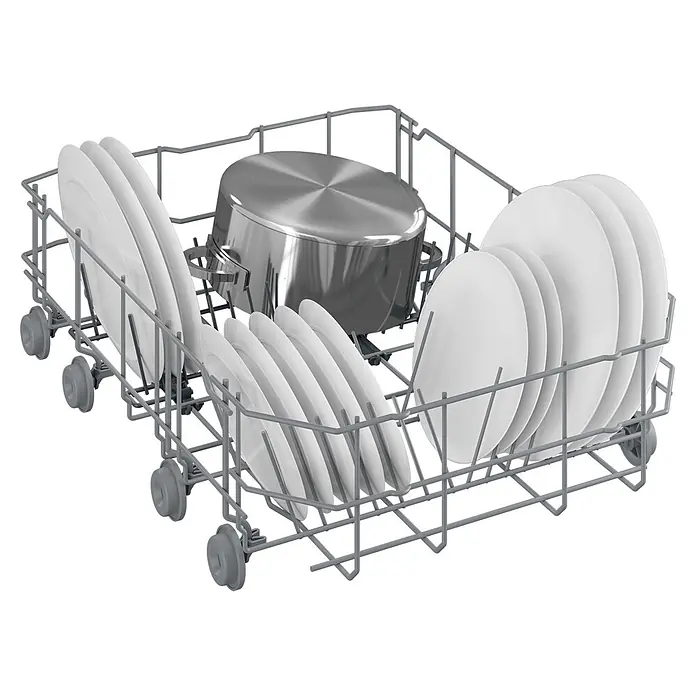 Beko Lavavajillas libre instalación DVS05024W - Ancho: 44,8 cm, Número de cubiertos: 10 ud., Consumo de agua por uso: 11,9 l - Cesta de lavavajillas de metal gris cargada con platos blancos y una olla de plata.