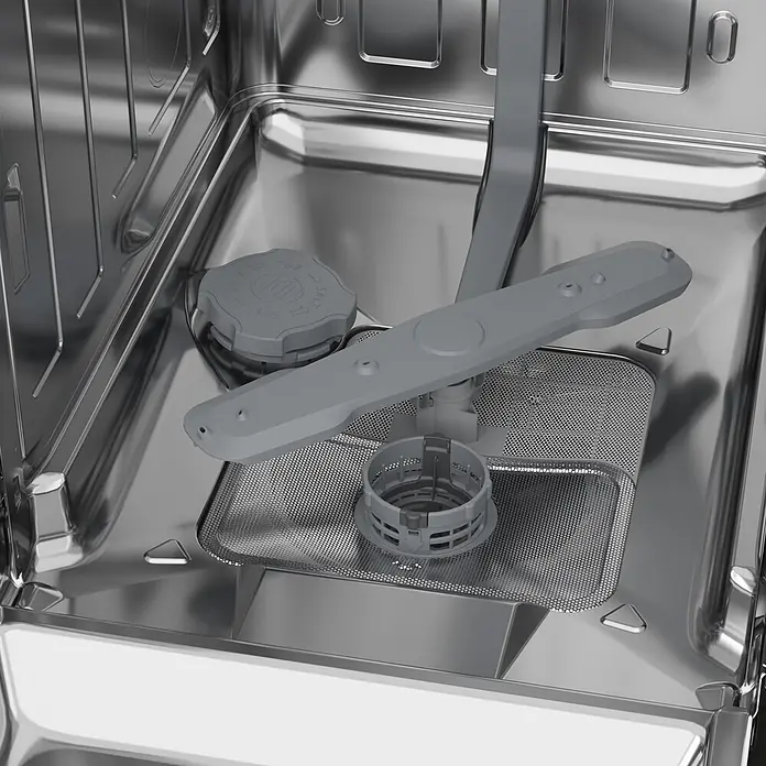 Beko Lavavajillas libre instalación DVS05024W - Ancho: 44,8 cm, Número de cubiertos: 10 ud., Consumo de agua por uso: 11,9 l - Vista interior de un lavavajillas con cuba de acero inoxidable, brazo rociador inferior gris, filtro y tapa del depósito de sal.
