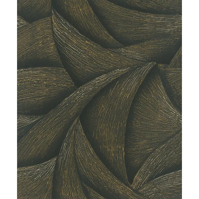Marburg Ritus Vliestapete Grafik - Schwarz-Gold, Grafisch, 10,05 x 0,53 m - Dunkle strukturierte Tapete mit abstrakten goldenen und silbernen wellenförmigen, überlappenden Linien.