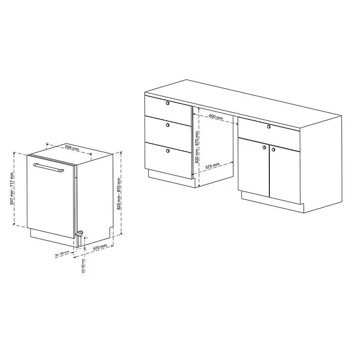 Telefunken Einbaugeschirrspüler GEU6012DI - Anzahl Maßgedecke: 12 Stk. - Technisches Diagramm mit Geschirrspüler- und Küchenschrankmaßen für die Installation.
