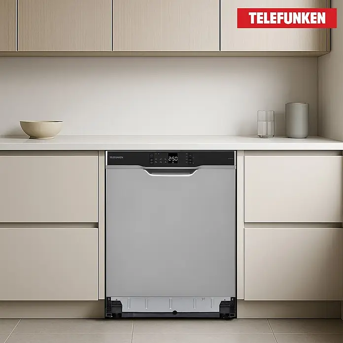 Telefunken Einbaugeschirrspüler GEU6012DI - Anzahl Maßgedecke: 12 Stk. - Grauer Telefunken Geschirrspüler, in eine moderne Küche mit hellen Schränken und Arbeitsplatte integriert.