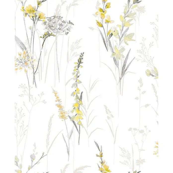 Marburg Novamur Plus Fresh UP Vliestapete Floral I - Weiß-Gelb, Floral, 10,05 x 0,53 m - Aquarell-Wildblumenmuster mit gelben, grauen und beigen Blüten und Gräsern, ideal für Tapeten oder Stoffe.