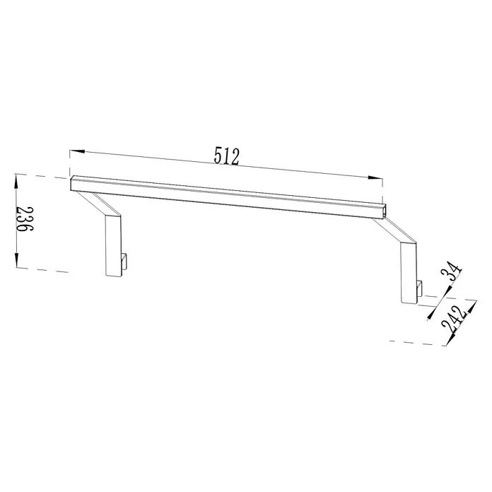 Cozze Elements Halterung für Lichtschlauch - Breite: 52 cm, Stahl/Aluminium, Passend für: Cozze Elements Rückwand - Technische Zeichnung einer Horizontalstange mit angewinkelten Halterungen, Maße (512x236).