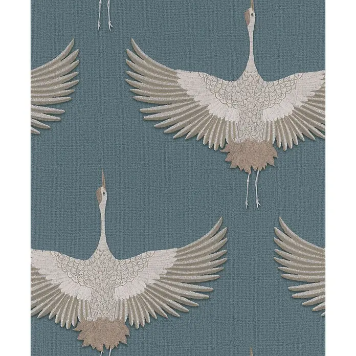 Marburg Kumano Vliestapete Grafik - Blau, Grafisch, 10,05 x 0,53 m - Muster im Stickerei-Look mit weißen und beigefarbenen Kranichen auf türkisfarbenem Hintergrund.