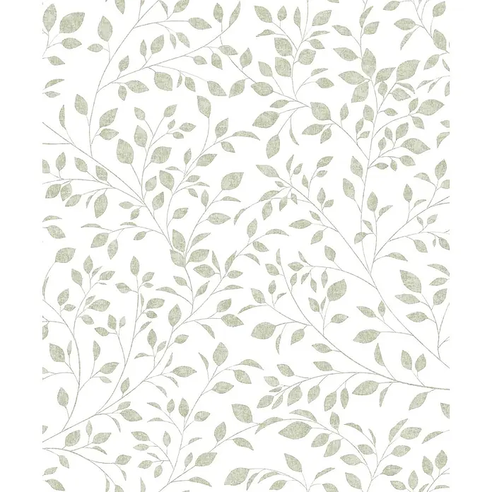 Marburg Novamur Plus Fresh UP Vliestapete Floral III - Weiß-Grün, Floral, 10,05 x 0,53 m - Nahtloses Muster zarter hellgrüner Zweige mit Blättern in Webstruktur.