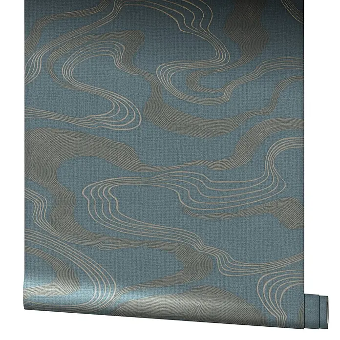 Marburg Kumano Vliestapete Grafik I - Blau, Grafisch, 10,05 x 0,53 m - Blau-graue strukturierte Tapetenrolle mit wellenförmigen hellgrauen Mustern.