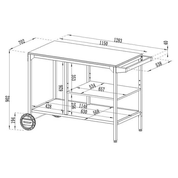 Cozze Elements Beistellwagen - Schwarz, B x T x H: 115 x 60 x 90 cm - Detaillierte technische Zeichnung eines Metall-Servierwagens mit mehreren Ablagen und Rollen, inklusive aller Maße.