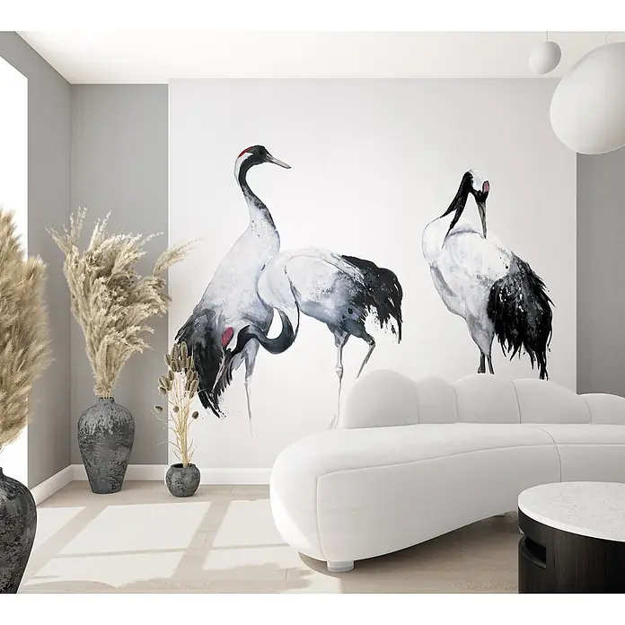 Marburg Kumano Fototapete Bird Illustration III - B x H: 159 mm x 270 cm, Vlies - Große Aquarell-Wandmalerei mit schwarzen und weißen Kranichen und roten Akzenten.