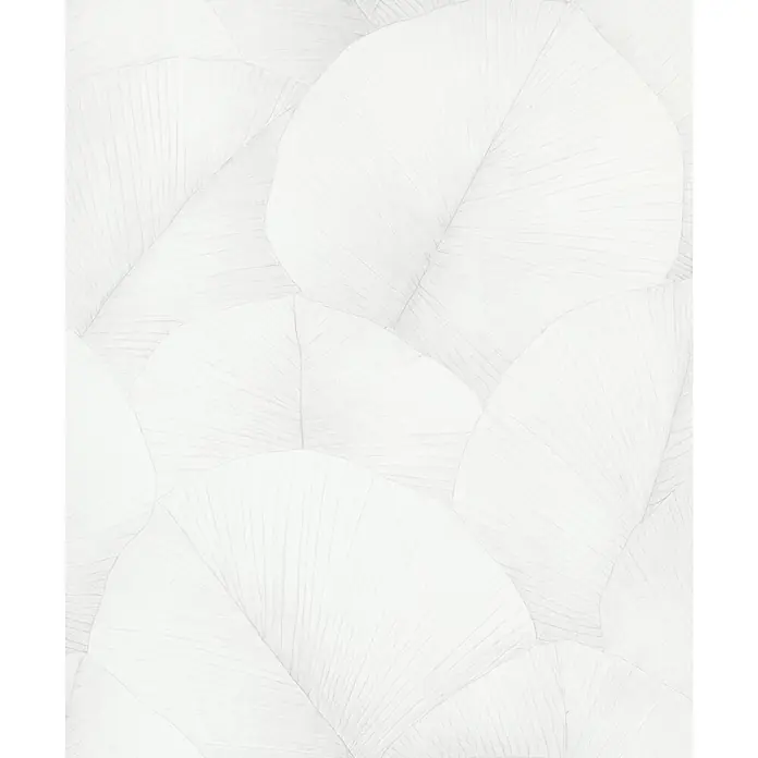Marburg Kumano Vliestapete Floral - Weiß, Floral, 10,05 x 0,53 m - Weißes, überlappendes Blattmuster mit feinen Adern.