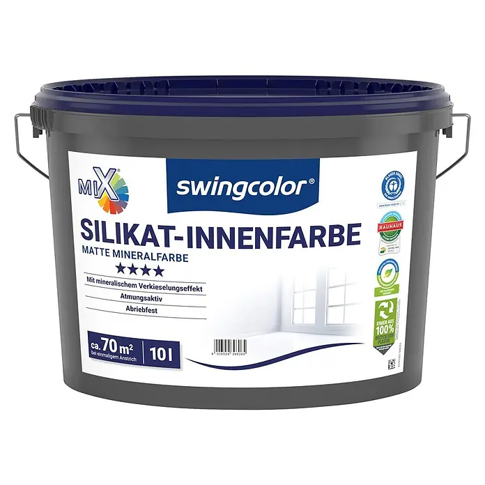 swingcolor Mix Wandfarbe Silikat-Innenfarbe zum Mischen lassen - Basismischfarbe 1, Matt, 10 l, Konservierungsmittelfrei - Swingcolor Silikat-Innenfarbe, 10L dunkelgrauer Eimer mit blauem Deckel. Matte Mineralfarbe aus 100% recyceltem Plastik.