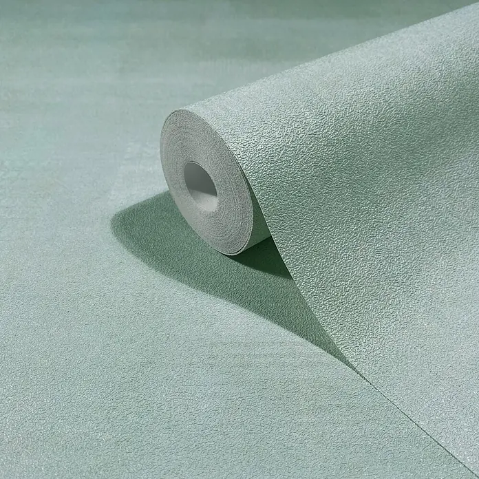 Marburg Novamur Plus Fresh UP Vliestapete Uni - Blau, Uni, 10,05 x 0,53 m - Rolle hellgrüner strukturierter Tapete, teilweise abgerollt, zeigt ihr Muster.