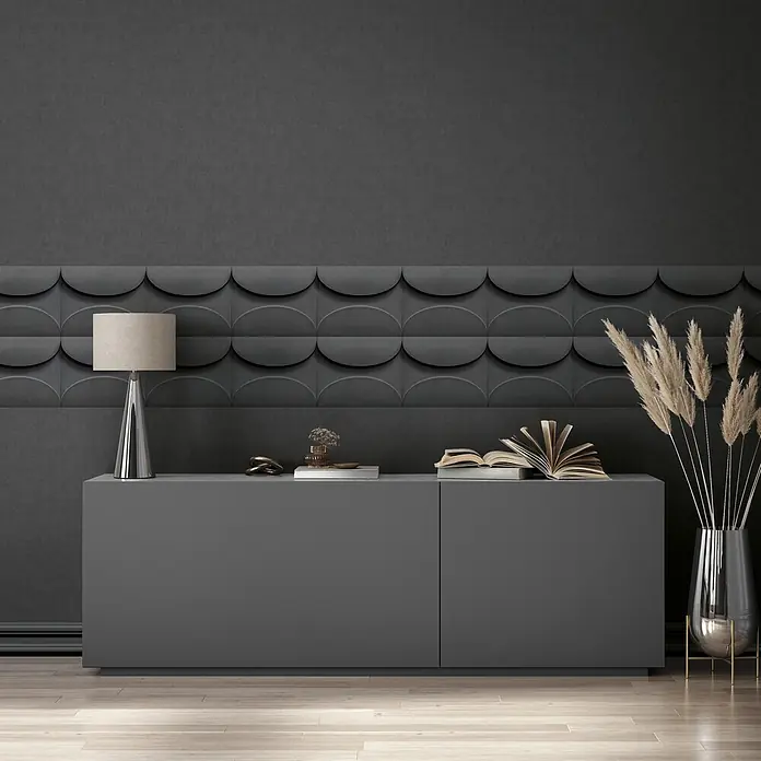Marburg Shades Iconic Vliestapete Grafik V - Schwarz, Grafisch, 10,05 x 0,53 m - Anthrazitfarbenes Sideboard mit zwei Türen, das ein modernes Interieur aufwertet.
