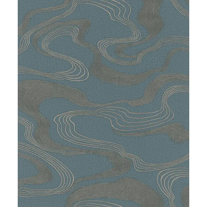 Marburg Kumano Vliestapete Grafik I - Blau, Grafisch, 10,05 x 0,53 m - Strukturierte blau-türkise Tapete mit abstraktem Muster aus fließenden grauen und beigen Linien.