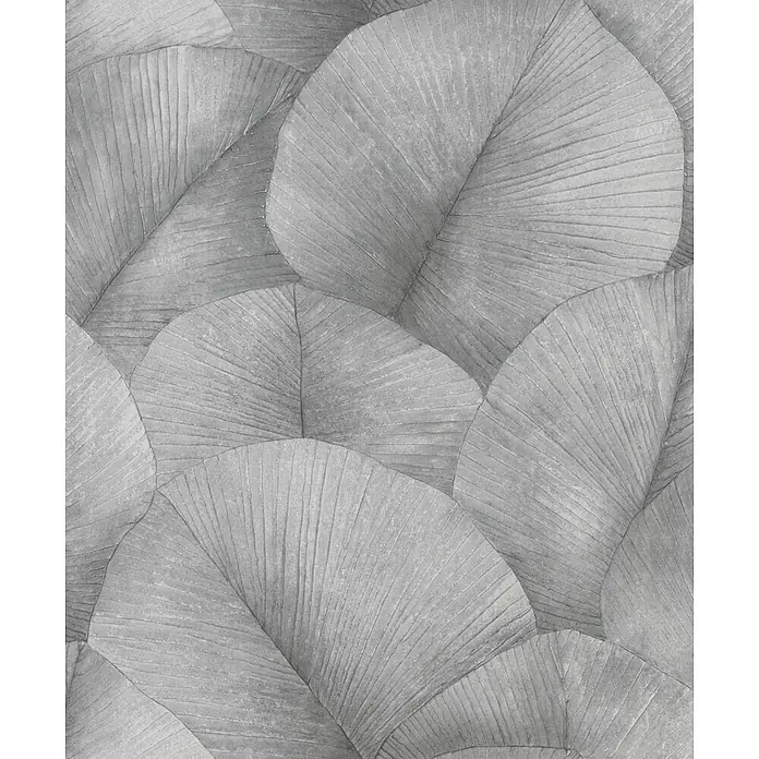 Marburg Kumano Vliestapete Floral - Grau, Floral, 10,05 x 0,53 m - Überlappende graue Blätter mit ausgeprägten Adern, die ein strukturiertes Muster bilden.