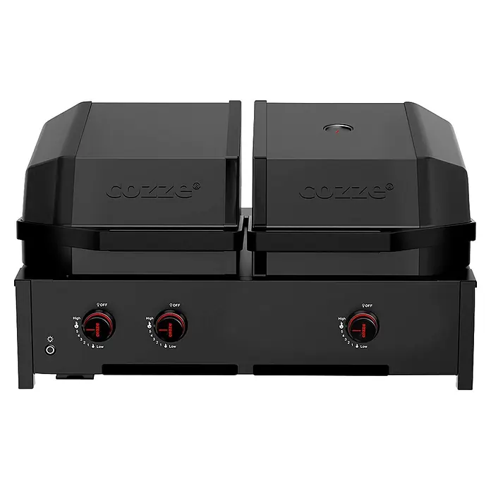 Cozze Hybrid-Grill Quattro 900 - Grillfläche (B x T): 72,7 x 34,5 cm, 13 kW, Anzahl Brenner: 3 Stk. - Schwarzer Doppel-Gas-Pizzaofen mit mehreren Bedienknöpfen.
