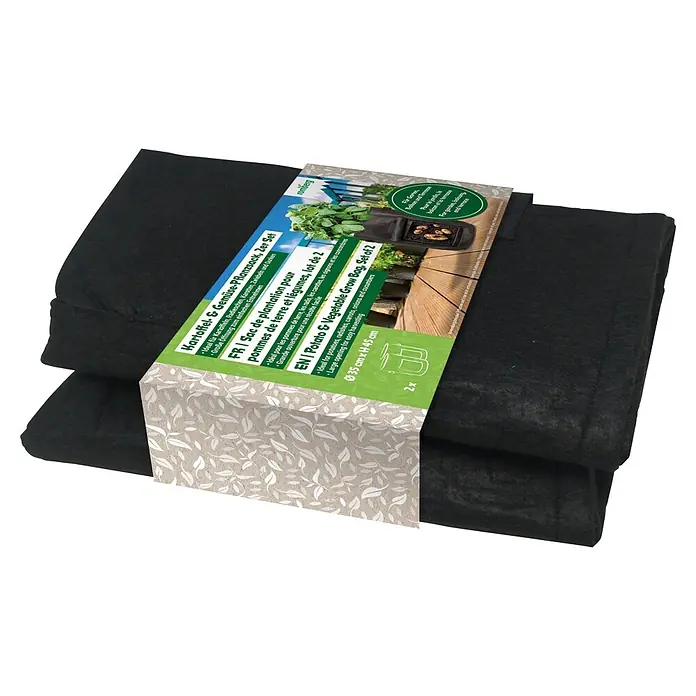 Romberg Anzuchttopf Textil 2er Set - Ø x H: 35 x 45 cm, Schwarz - Zwei gefaltete, schwarze Pflanzsäcke für Kartoffeln und Gemüse, mit Produktetikett.