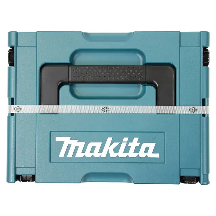 Makita XGT 40V max. Akku-Bohrschrauber-Set DF003GU201 - 40 V, 2 Akkus, 4 Ah, 140 Nm - Hellblauer Makita Werkzeugkoffer mit schwarzem Griff und weißem Logo, mit Kunststoffband gesichert.