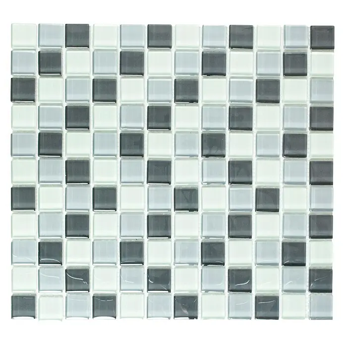 Mosaikfliese Quadrat Crystal Mix XCM 8125 - 32,7 x 30,2 cm, Grau/Weiß, Glänzend - Nahaufnahme eines Mosaikfliesenmusters in Grau-, Weiß- und Blautönen, das sich ideal für Badezimmerböden oder Küchenrückwände eignet.