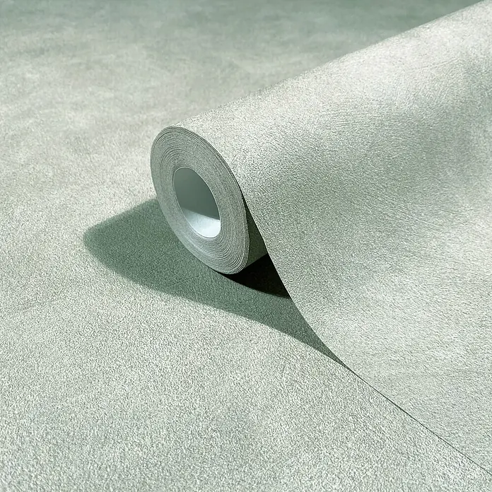 Marburg Whisper Vliestapete Putzoptik I - Grau-Grün, Sonstiges, 10,05 x 0,53 m - Strukturierte salbeigrüner Tapetenrolle, teilweise abgerollt.
