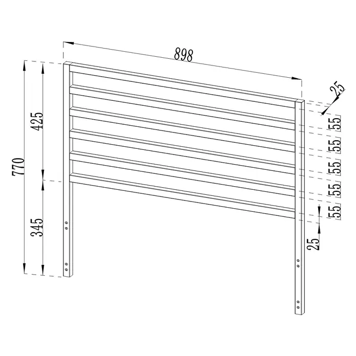 Cozze Elements Rückwand Outdoorküche - B x H: 90 x 75 cm, Passend für: Cozze Elements Grillküchenmodul Eckschrank, Schwarz - Technische Zeichnung eines rechteckigen Handtuchheizkörpers mit Querstreben, Maßen und Abständen.