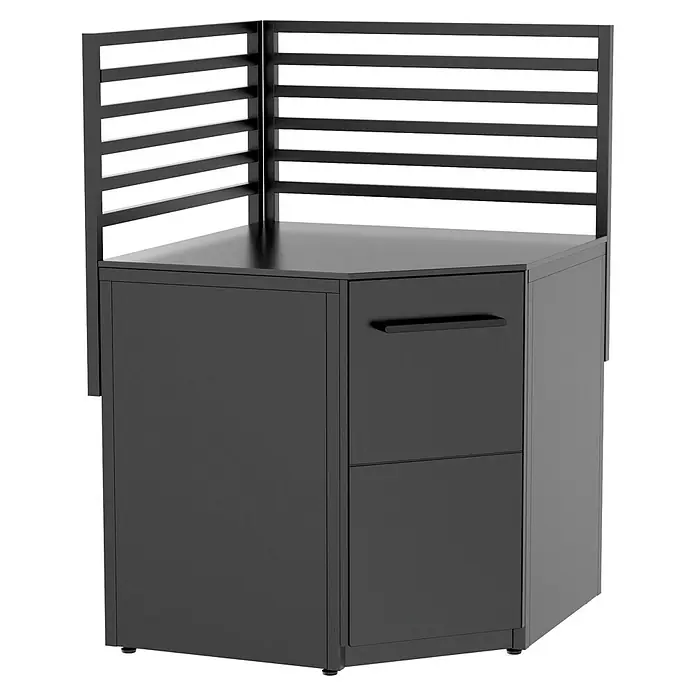 Cozze Elements Rückwand Outdoorküche - B x H: 90 x 75 cm, Passend für: Cozze Elements Grillküchenmodul Eckschrank, Schwarz - Schwarzer Eck-Büroschrank mit zwei Schubladen und L-förmiger lamellierter Sichtschutzwand.