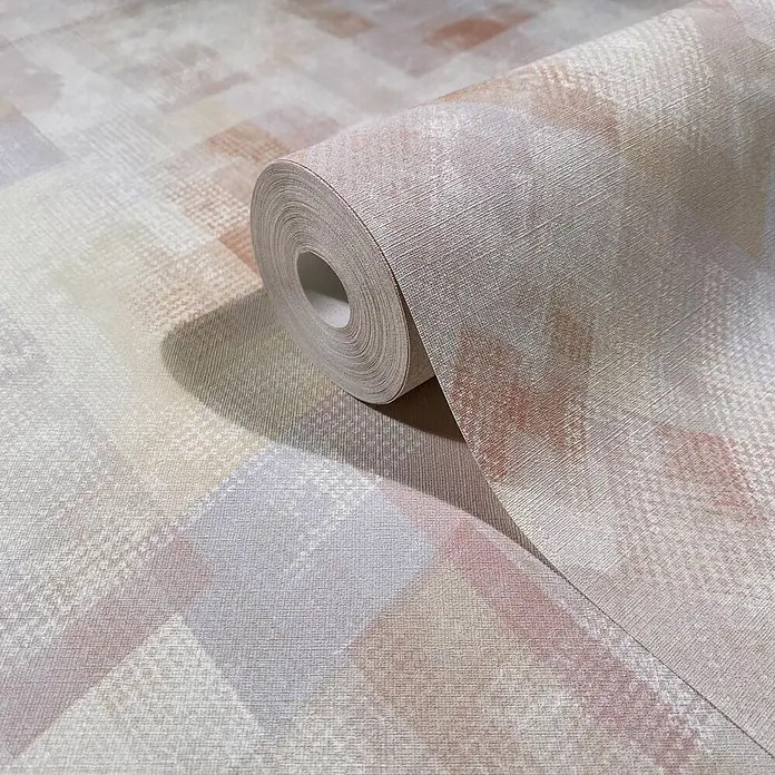 Marburg Novamur Plus Fresh UP Vliestapete Grafik - Grau-Beige, Grafisch, 10,05 x 0,53 m - Tapetenrolle mit Leinenstruktur und erdigem Karomuster in Beige-, Braun-, Rosa- und Grautönen.