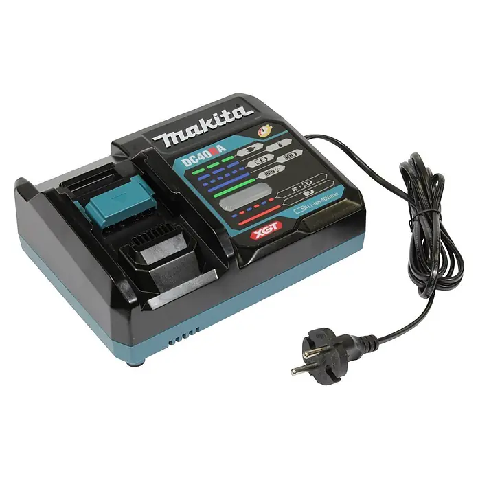 Makita XGT 40V max. Akku-Set - 40 V, 5 Ah, Li-Ionen, 2 Akkus - Makita DC40RA XGT 40Vmax Li-ion Akkuladegerät in Schwarz-Türkis mit Netzkabel.