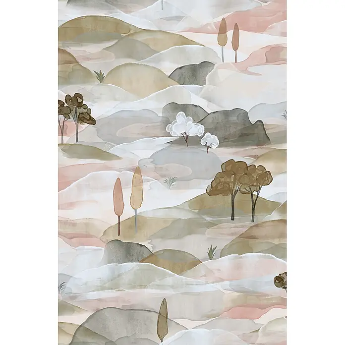 Marburg Boho Vliestapete Landscape - Grün-Blau-Rot, Sonstiges, 10,05 x 0,53 m - Abstraktes Aquarell-Landschaftsmuster mit sanften Hügeln und spärlichen Bäumen in gedämpften Erdtönen.