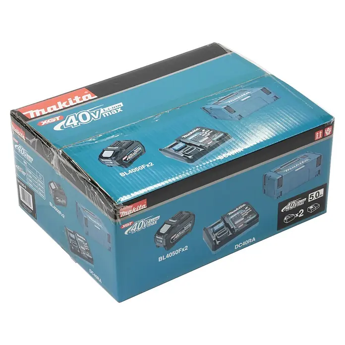Makita XGT 40V max. Akku-Set - 40 V, 5 Ah, Li-Ionen, 2 Akkus - Makita XGT 40V max Akku- und Ladegerät-Kit in Verpackung, mit zwei 5.0Ah Akkus (BL4050Fx2) und DC40RA Ladegerät.