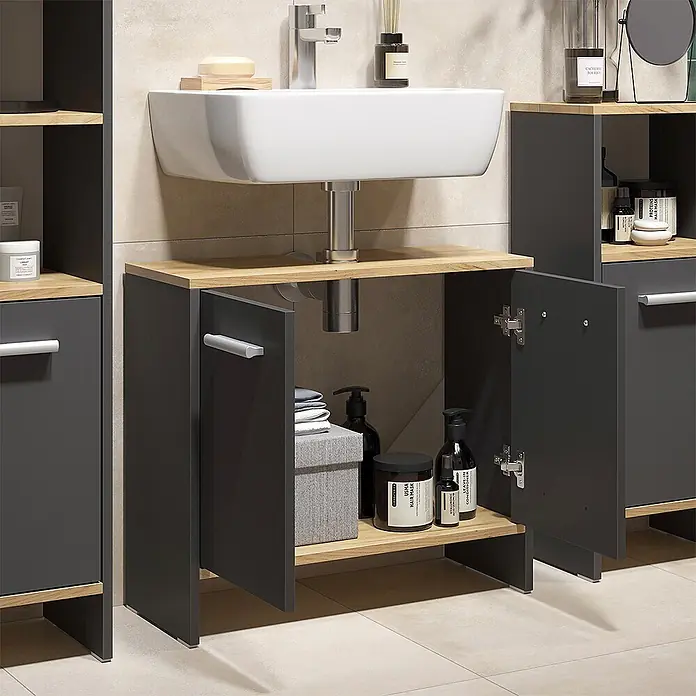 Vicco Badmöbel-Set Karli Anthrazit/Goldkraft Eiche 2 Teile - Anthrazit, Matt - Dunkelgrauer Badunterschrank mit hellen Holzelementen und integriertem Waschbecken, offene Türen zeigen Stauraum.